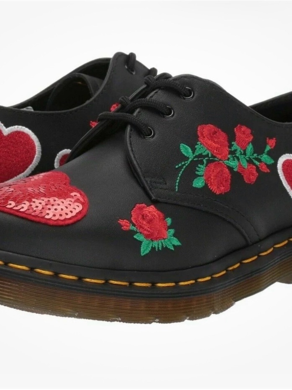 Dr. Martens Black Leather Lace-Up Oxfords with Red Rose & Heart Embroidery